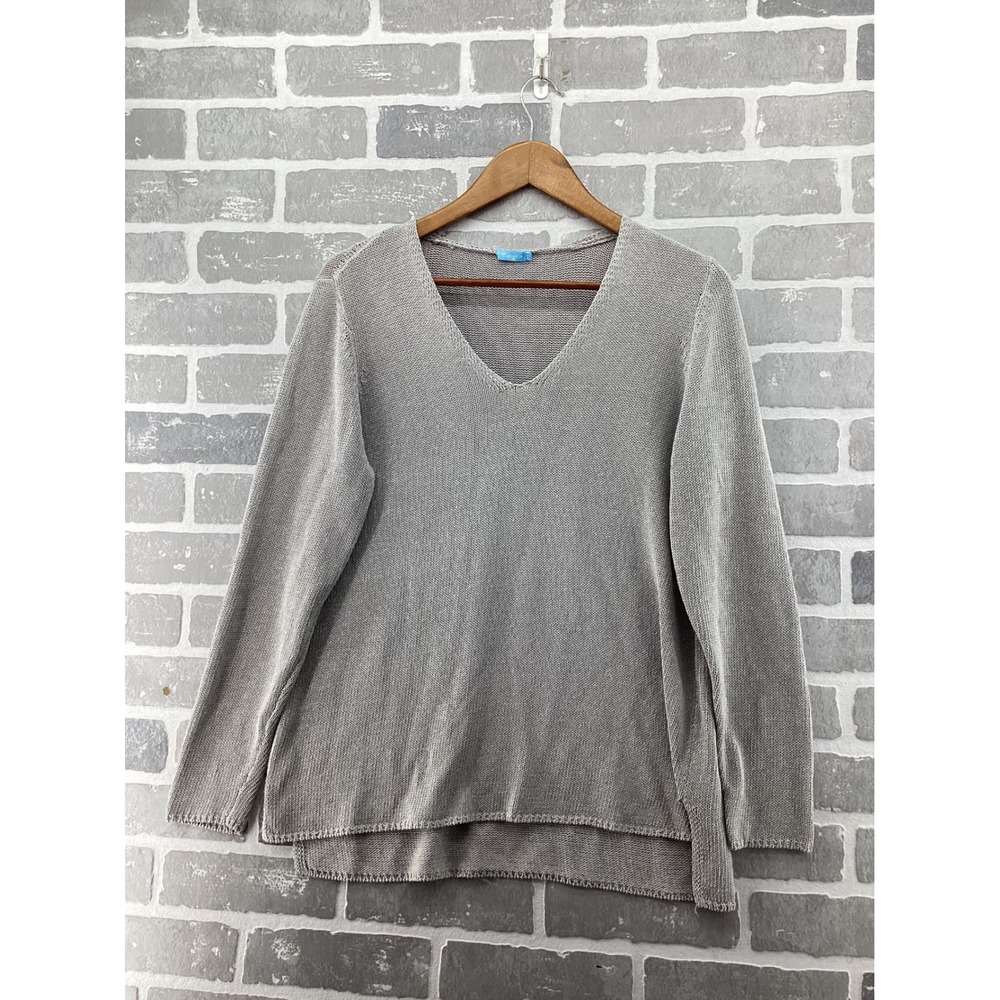 J.McLaughlin Womens V-Neck Garter Stitch Knit Sweater Taupe Grey Size L